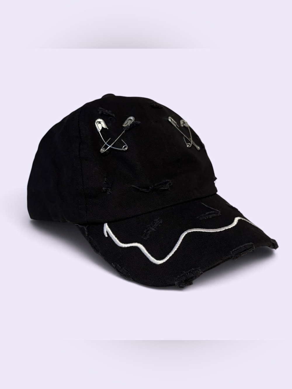 Punk Black Distressed Safety Pin Smiley Face Baseball Cap